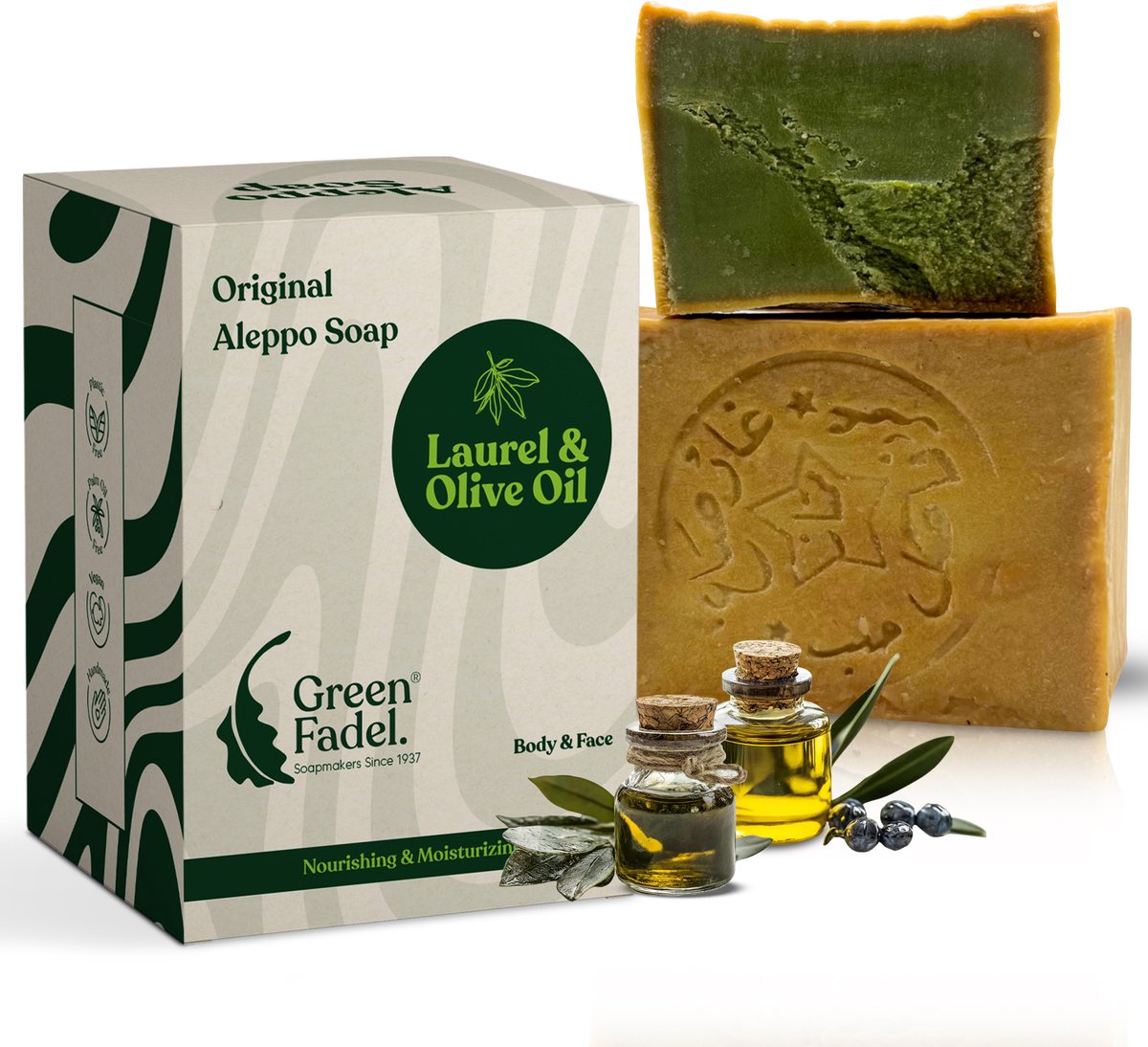 GREEN FADEL Aleppo Zeep Origineel Olijfolie & Laurierolie - 1 x 200g- Handgemaakt - Natuurlijke Zeep