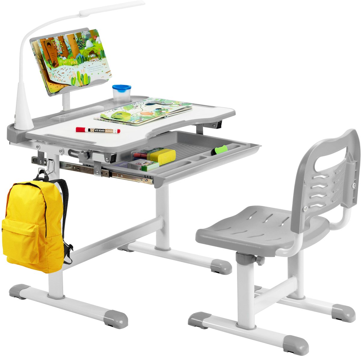 COSTWAY Kinderbureauset met boekenstandaard en ledlicht, in hoogte verstelbare kindertafel en stoel met kantelbaar tafelblad en lade, kinderbureau voor jongens en meisjes (grijs)