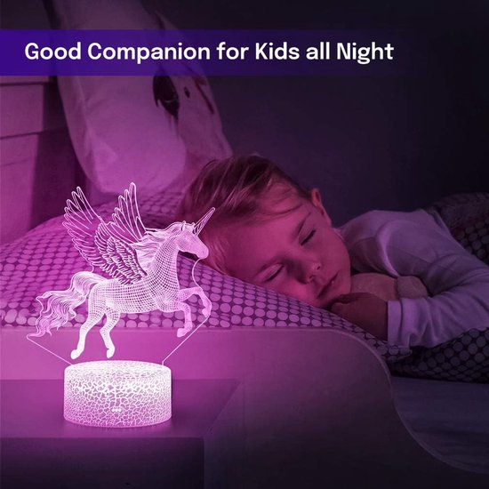 Daity 3D illusie lamp eenhoorn, 3D vliegende eenhoorn nachtlampje, afstandsbediening bureaulamp, visueel licht, 16 soorten veranderlijke kleuren, verjaardagscadeau nachtlampje, geschikt voor meisjes kinderen huisdecoratie van Daity — afbeelding 2
