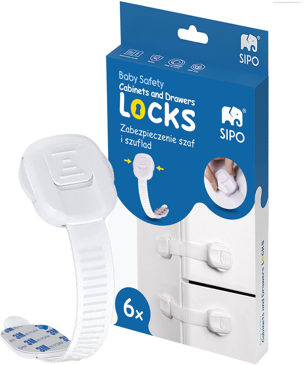 SIPO Kastbeveiliging - 6-delig Set Regelbare Sluiting voor Kasten en Lades - Kinderveiligheid - SBS-218 - Babyslot - Kinderslot - Kastslot voor Kinderen - Verstelbaar 8 tot 19.3cm