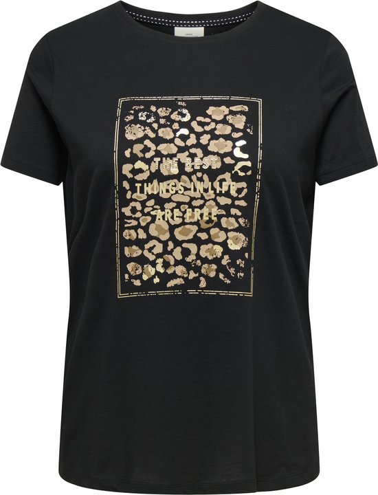 Zwart t-shirt met korte mouwen en goudkleurige luipaardprint met tekst 'THE BEST THINGS IN LIFE ARE FREE'.