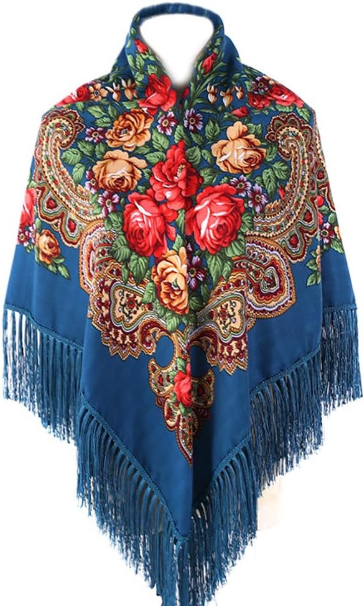Traditionele sjaal voor dames, met kwastjes, franjes, halsdoek, hoofdsjaal, retrosjaal, bloemenpatroon, poncho-print - Zeeblauw