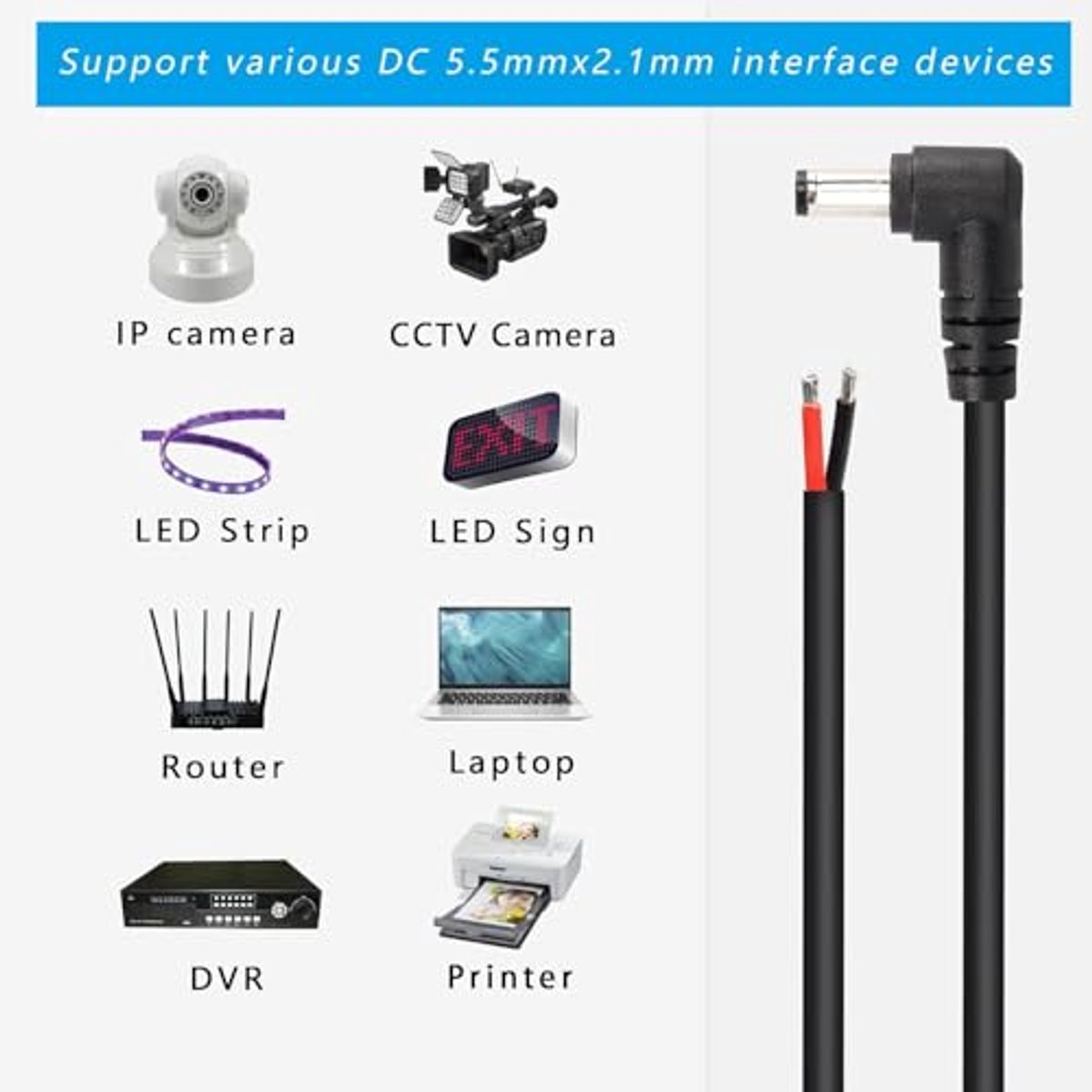 2 Stuks 90 Graden DC Voedingskabel met Pigtails - 5,5 mm x 2,1 mm Stekker naar Blanke Draad, Voor Monitoren, LED Strips, Camera's