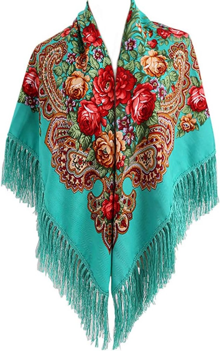 Traditionele sjaal voor dames, met kwastjes, franjes, halsdoek, hoofdsjaal, retrosjaal, bloemenpatroon, poncho-print - groen