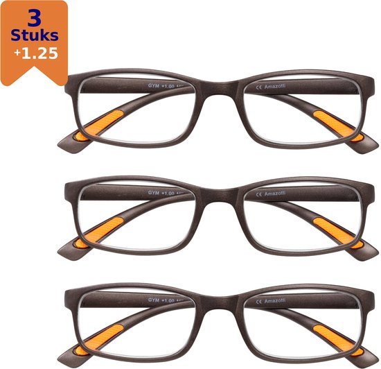 Amazotti Milano Leesbrillen +1.25 – Leesbril met sterkte – Trendy Italiaans Ontwerp – Dames en Heren – Kunststof – Metallic Serie – Set van 3