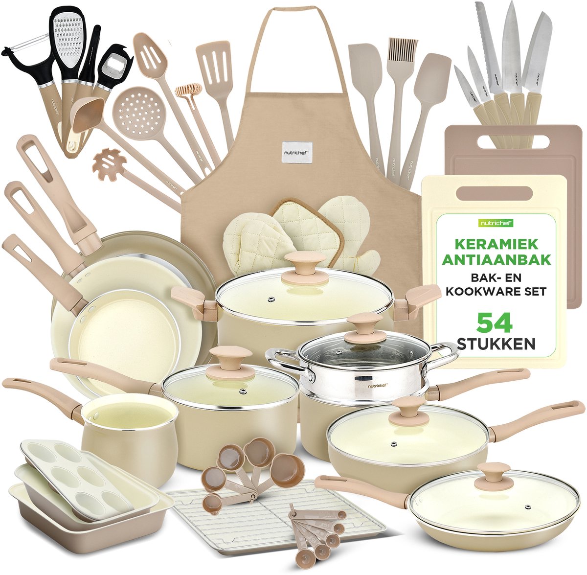 NutriChef 54-Delige Marmeren Kook- en Bakset – Inductiegeschikt, Antiaanbak, Kookpannen, Potten, Keukentools, Muffinvorm & Bakplaat – PFOA/PFOS-vrij