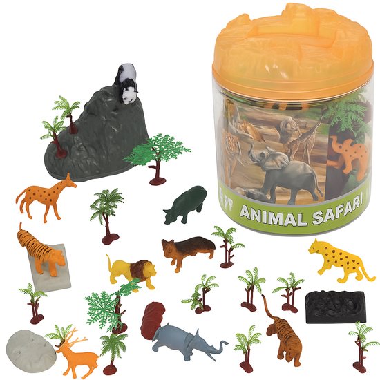 FUNFY Wilde Dieren Safari- en Bos Speelset met Doos | Meerkleurig | 28 Miniatuurfiguren met Dieren, Bomen en Rotsen | Fantasierijk & Educatief Speelgoed voor Kinderen | Safari Speelset | Bos Speelset | Perfect Cadeau