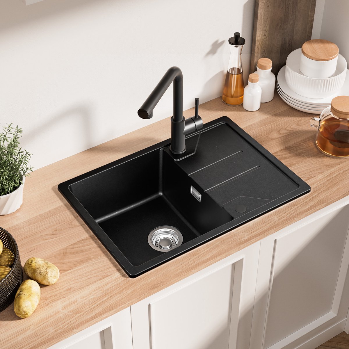 DERW MAX Granieten Spoelbak 65x45CM - Spoelbakken Keuken Zwart - Spoelbakken Met Planchet en Waterafvoersysteem - Opbouw Spoelbak