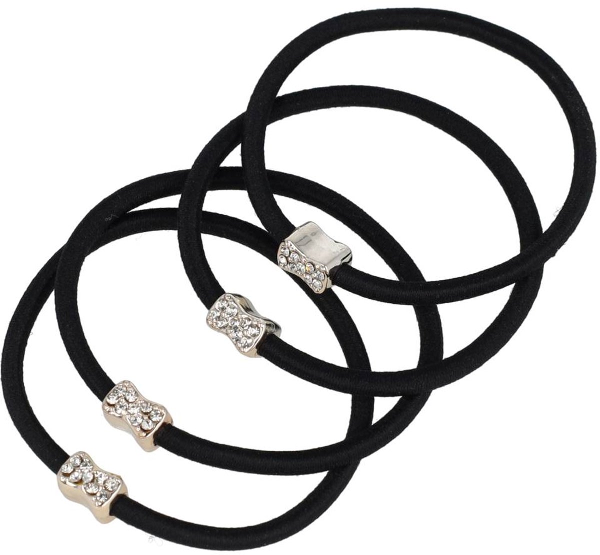 Haarsoires Haarelastieken – Strikje 1cm – Kunststof – Glitter Steentjes – Zwart Goud – Set van 4