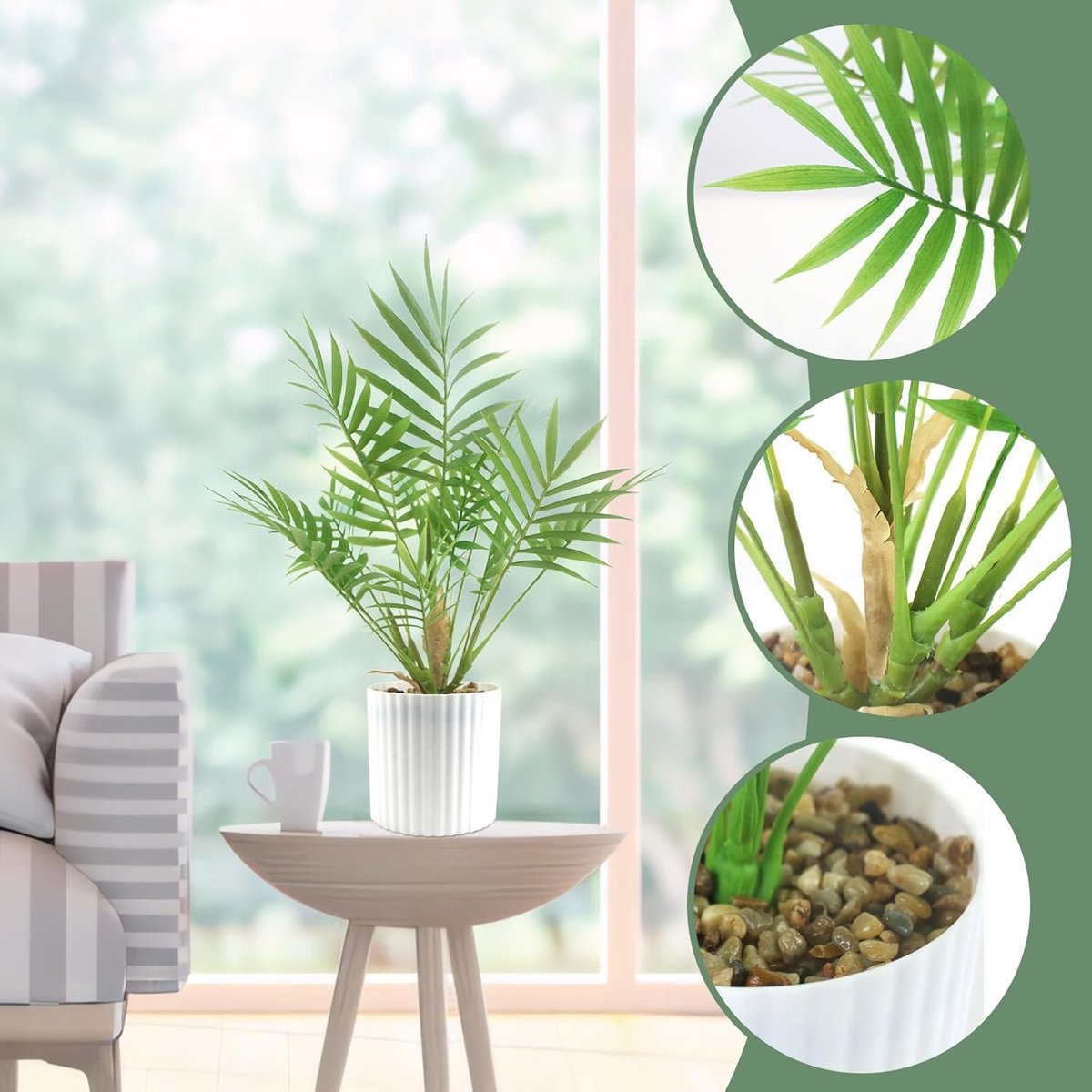 Famanu - Set van 2 tropische kunstplanten als echt (35 cm) in witte keramische potten: Monstera kunstmatig & Areca kunstpalm, kunstplanten in pot