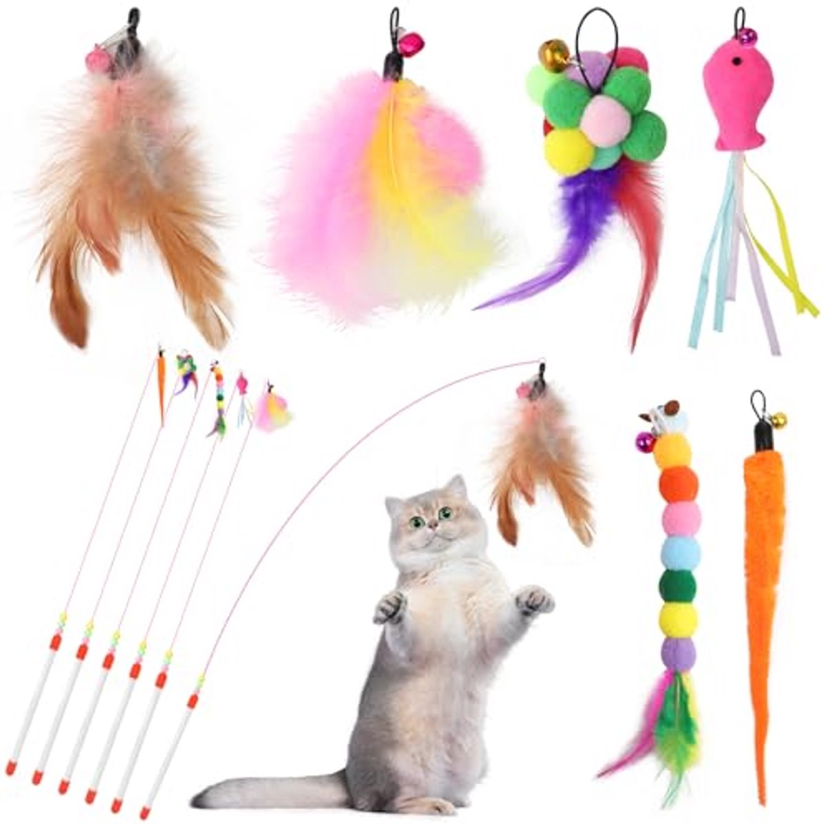 Interactief Kattenspeelgoed voor Katten - 12 Stuks met Intrekbare Hengel en Klokken