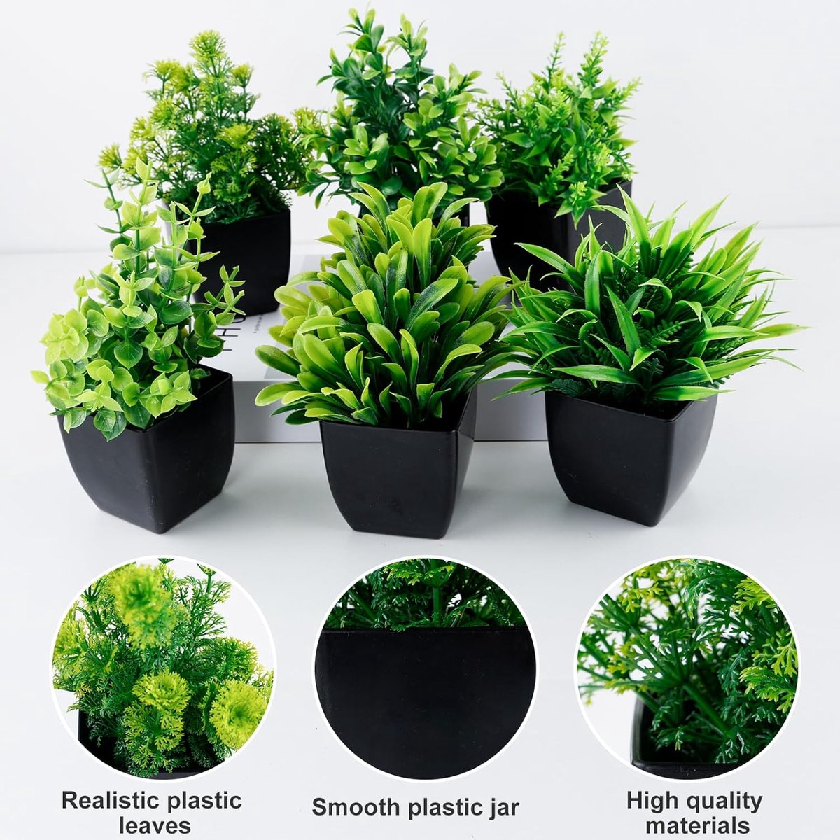 Famanu - 6 stuks kunstplanten in pot, kleine decoratieve planten, mini-kunstplanten, plastic kunstdecoratie voor bureau, huis, balkon en badkamer