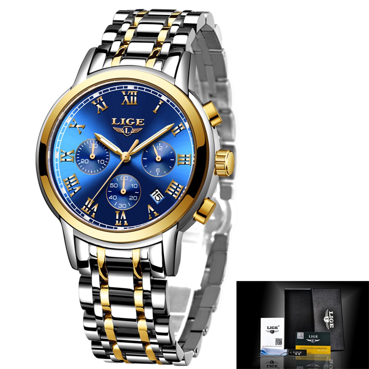 LIGE Casual DTS 1004 - Horloge - RVS - Ø 42 mm Zilver Goud Blauw