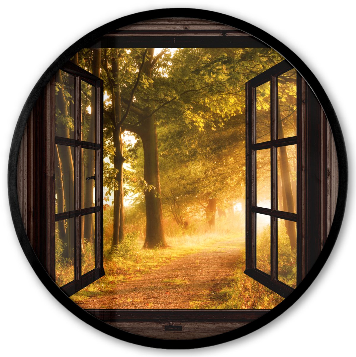 FrameYourWall Poster in lijst Rond - Fotolijst 40x40 cm - Posters - Bos - Bomen - Zonlicht - Herfst - Bospad - Natuur - Doorkijk - Ronde posterlijst zwart - Decoratie - Wanddecoratie woonkamer - Muurdecoratie slaapkamer Bruin