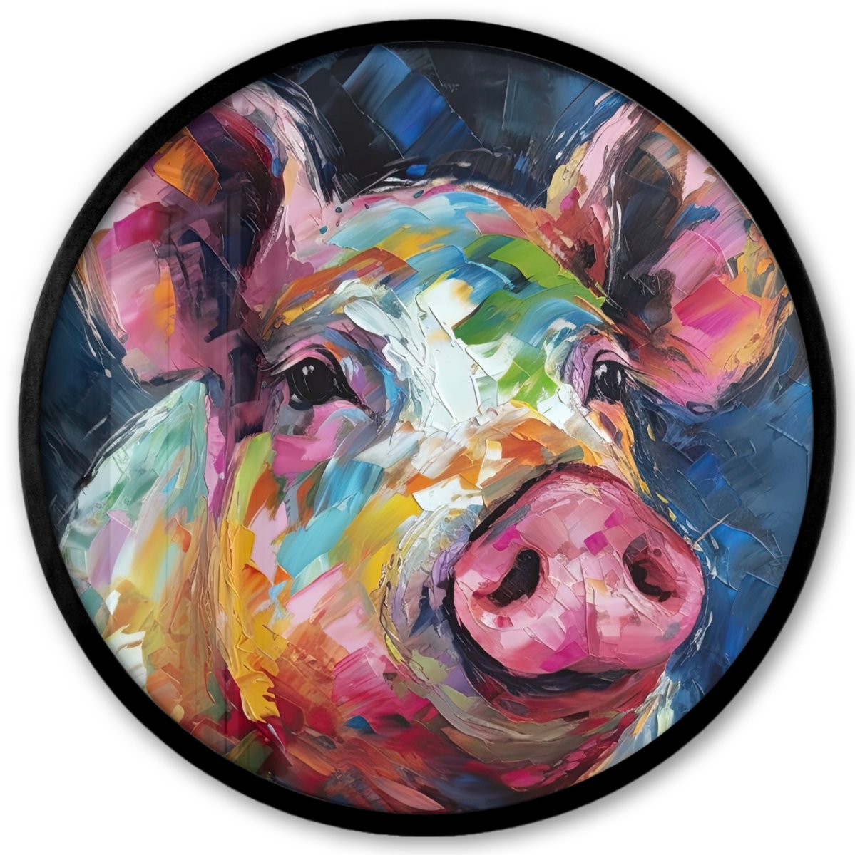 FrameYourWall Poster in lijst Rond - Fotolijst 40x40 cm - Posters - Varken - Olieverf - Dieren - Kunst - Ronde posterlijst zwart - Decoratie - Wanddecoratie woonkamer - Muurdecoratie slaapkamer