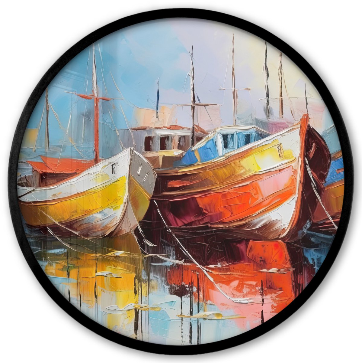 FrameYourWall Poster in lijst Rond - Fotolijst 40x40 cm - Posters - Boten - Kunst - Kleuren - Schilderij - Ronde posterlijst zwart - Decoratie - Wanddecoratie woonkamer - Muurdecoratie slaapkamer Verf - Boten