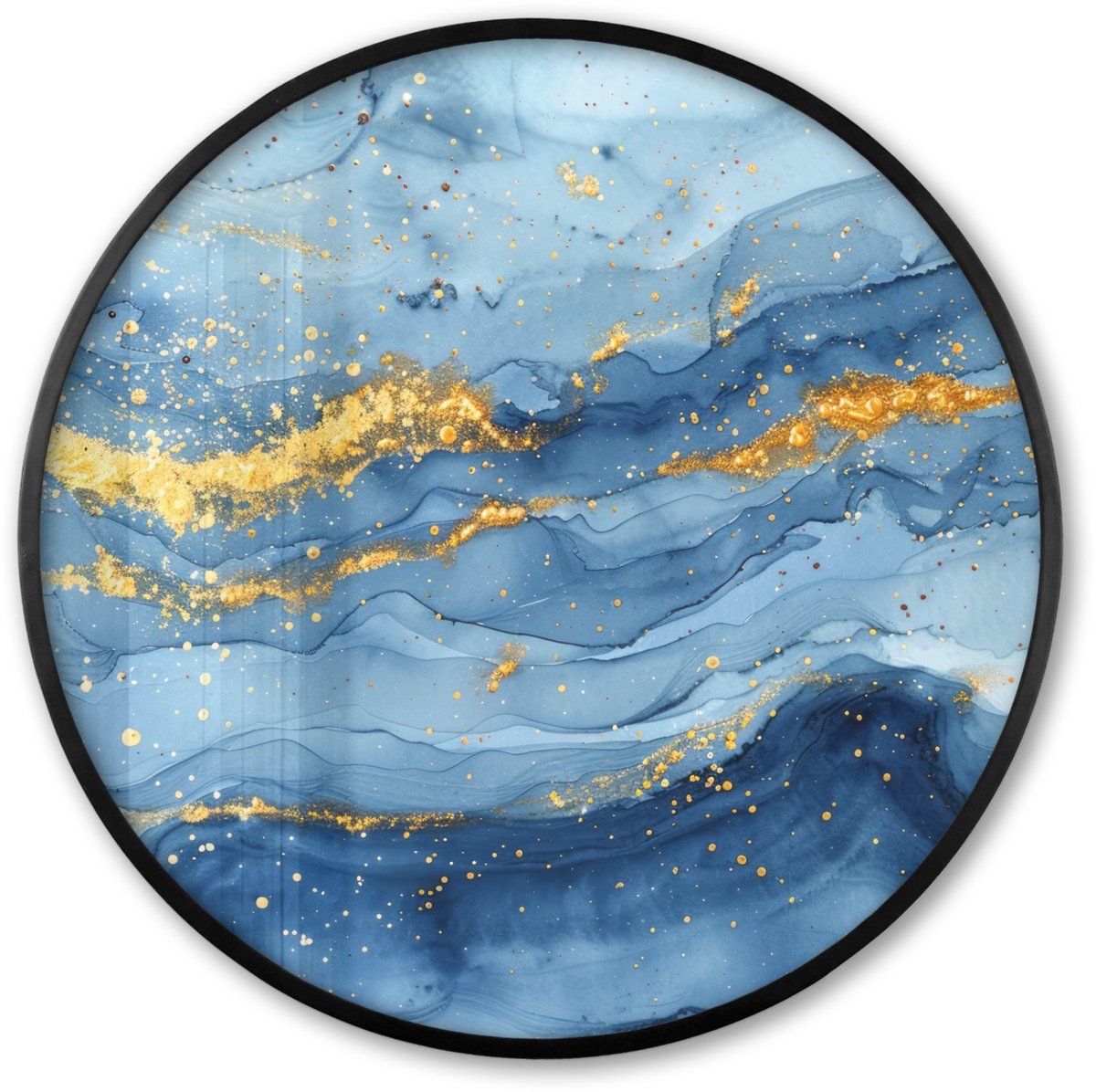FrameYourWall Poster in lijst Rond - Fotolijst 80x80 cm - Posters - Watercolor - Blauw - Kunst - Goud - Luxe - Modern - Ronde posterlijst zwart - Decoratie - Wanddecoratie woonkamer - Muurdecoratie slaapkamer