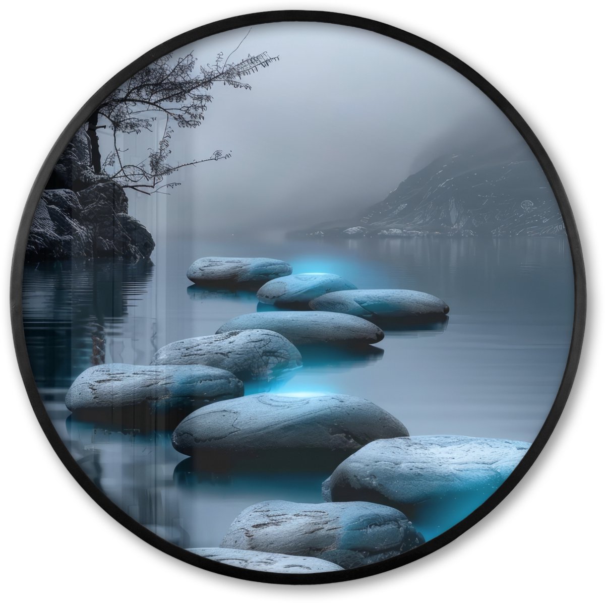FrameYourWall Poster in lijst Rond - Fotolijst 60x60 cm - Posters - Stenen - Water - Bomen - Natuur - Ronde posterlijst zwart - Decoratie - Wanddecoratie woonkamer - Muurdecoratie slaapkamer Landschap