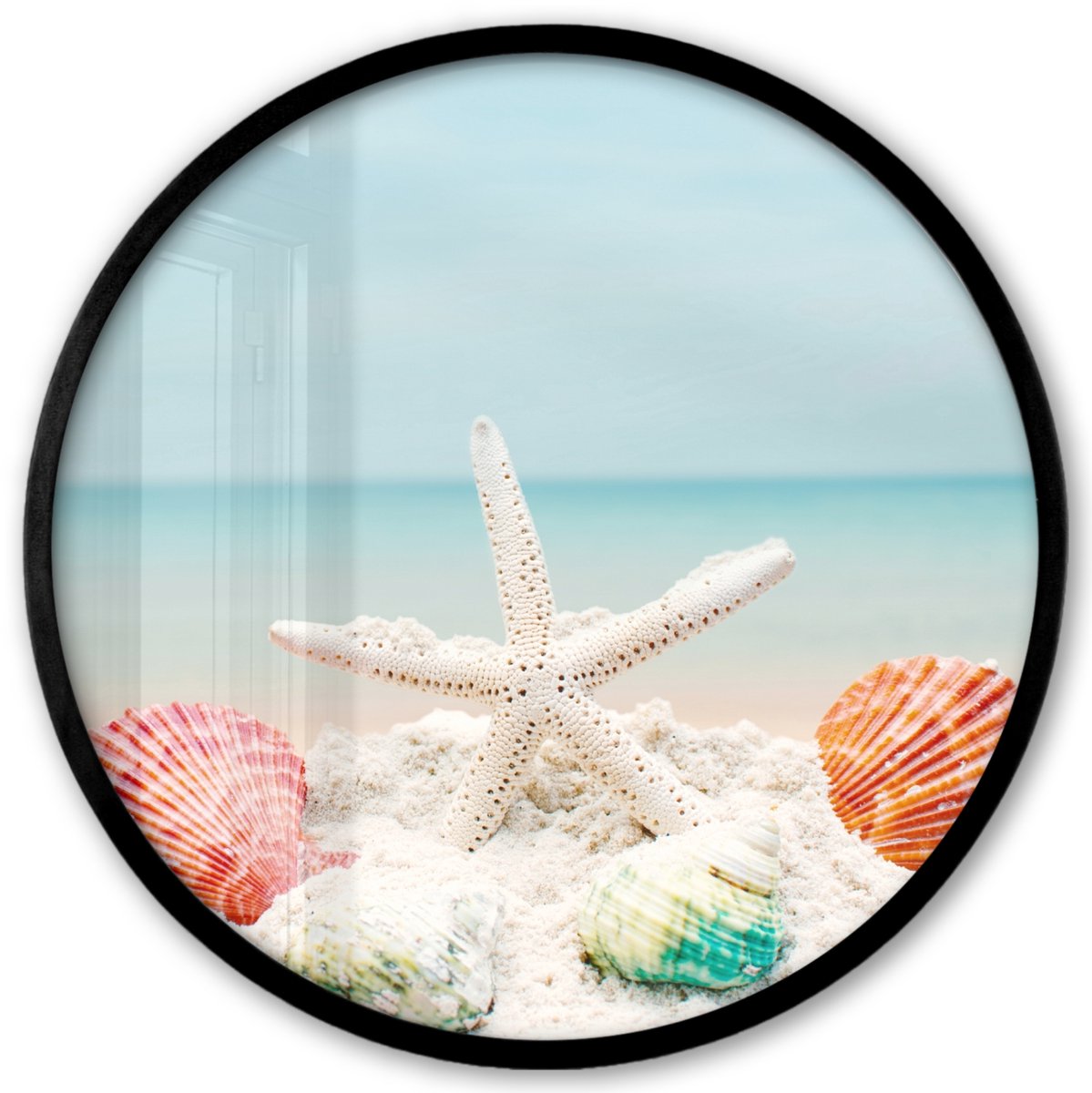 FrameYourWall Poster in lijst Rond - Fotolijst 40x40 cm - Posters - Strand - Zeester - Schelpen - Zee - Ronde posterlijst zwart - Decoratie - Wanddecoratie woonkamer - Muurdecoratie slaapkamer