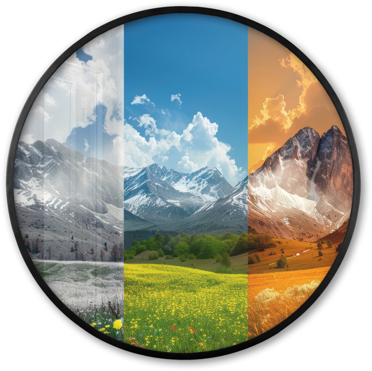FrameYourWall Poster in lijst Rond - Fotolijst 60x60 cm - Posters - Landschap - 4 seizoenen - Natuur - Winter - Lente - Zomer - Herfst - Ronde posterlijst zwart - Decoratie - Wanddecoratie woonkamer - Muurdecoratie slaapkamer Seizoenen - Landschap