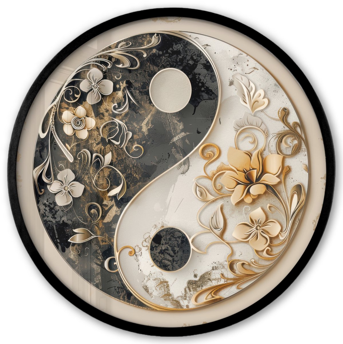 FrameYourWall Poster in lijst Rond - Fotolijst 40x40 cm - Posters - Yin Yang - Bloemen - Zwart - Wit - Vintage - Ronde posterlijst zwart - Decoratie - Wanddecoratie woonkamer - Muurdecoratie slaapkamer