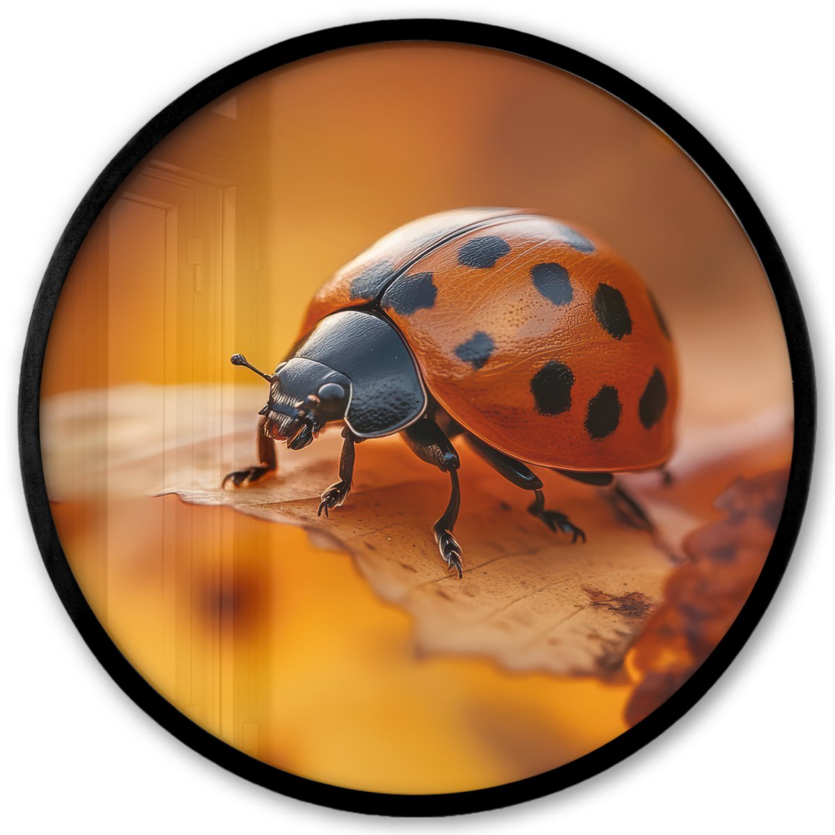 FrameYourWall Poster in lijst Rond - Fotolijst 40x40 cm - Posters - Lieveheersbeestje - Herfst - Insect - Rood - Bladeren - Ronde posterlijst zwart - Decoratie - Wanddecoratie woonkamer - Muurdecoratie slaapkamer