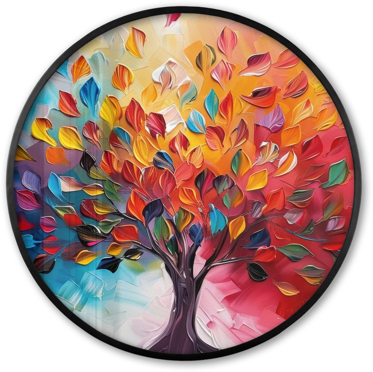 FrameYourWall Poster in lijst Rond - Fotolijst 60x60 cm - Posters - Boom - Levensboom - Kleurrijk - Abstract - Ronde posterlijst zwart - Decoratie - Wanddecoratie woonkamer - Muurdecoratie slaapkamer Kleurrijk - Verflook