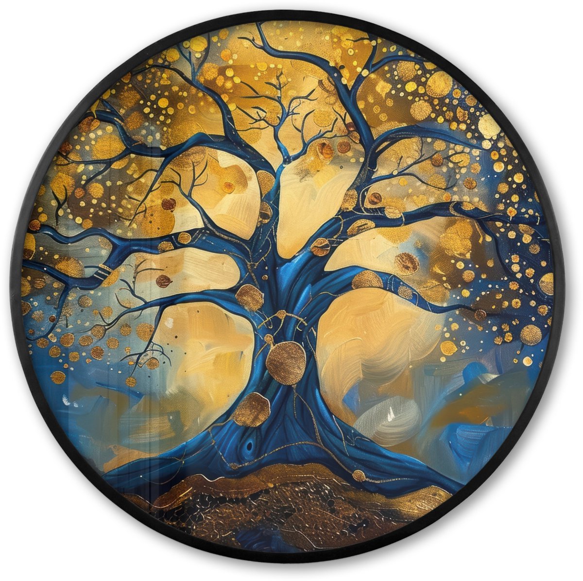 FrameYourWall Poster in lijst Rond - Fotolijst 80x80 cm - Posters - Boom - Levensboom - Blauw - Goud - Ronde posterlijst zwart - Decoratie - Wanddecoratie woonkamer - Muurdecoratie slaapkamer Levensboom - Donker