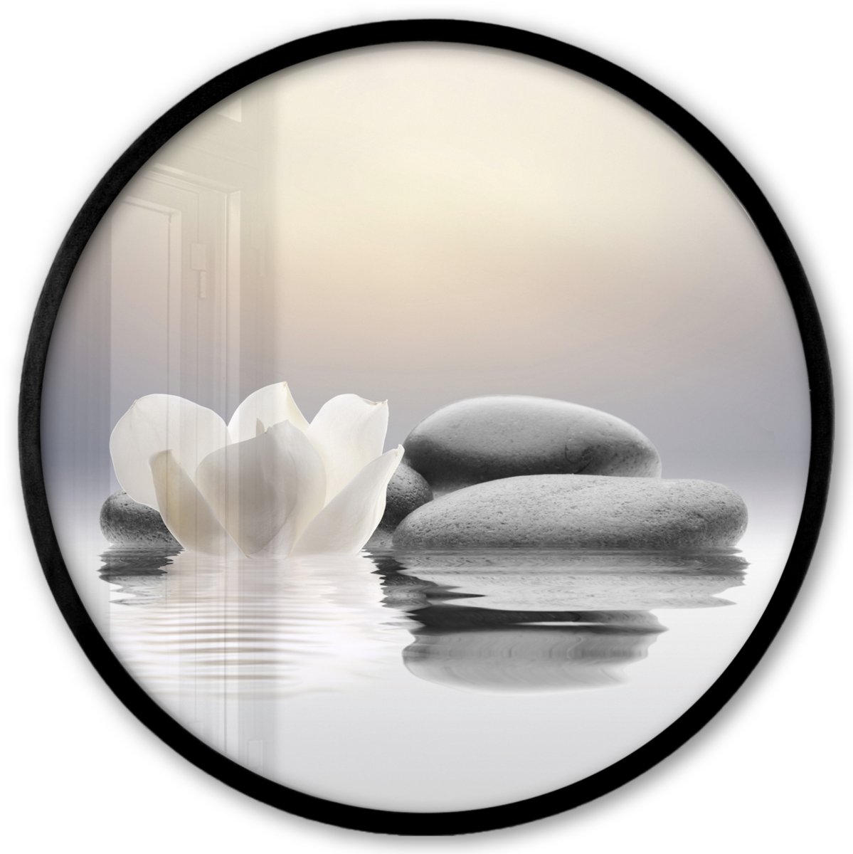 FrameYourWall Poster in lijst Rond - Fotolijst 40x40 cm - Posters - Stenen - Lotus - Wit - Water - Zen - Ronde posterlijst zwart - Decoratie - Wanddecoratie woonkamer - Muurdecoratie slaapkamer Stenen - Bloem