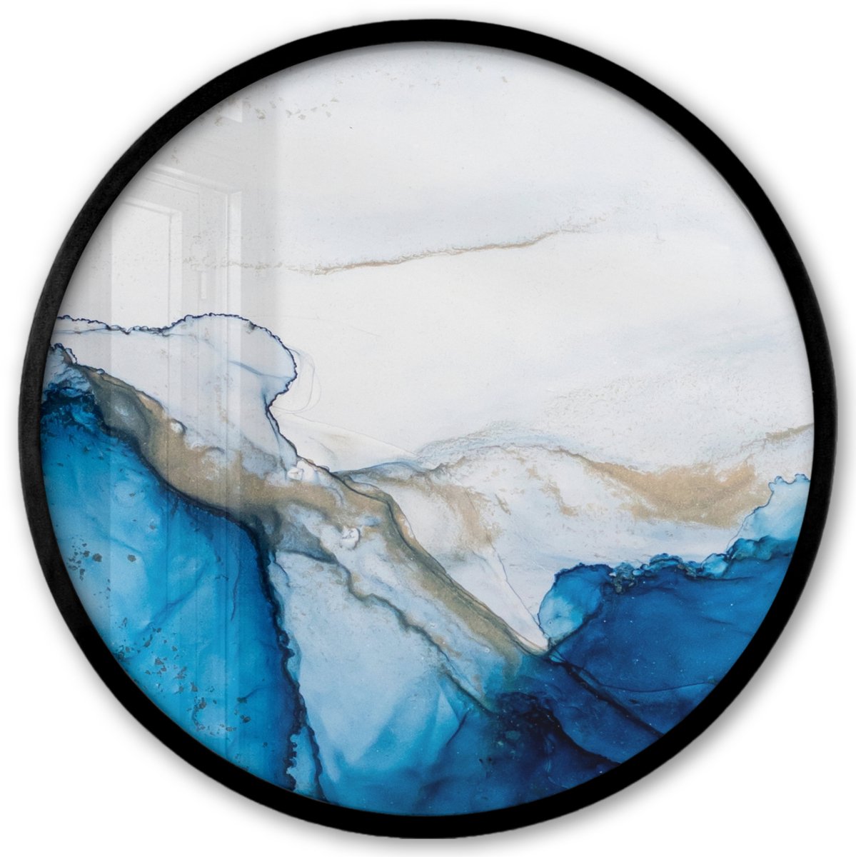 FrameYourWall Poster in lijst Rond - Fotolijst 40x40 cm - Posters - Watercolor - Blauw - Abstract - Kunst - Modern - Ronde posterlijst zwart - Decoratie - Wanddecoratie woonkamer - Muurdecoratie slaapkamer