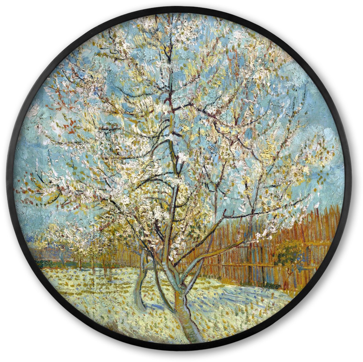 FrameYourWall Poster in lijst Rond - Fotolijst 60x60 cm - Posters - Bloeiende perzikboom - Vincent van Gogh - Ronde posterlijst zwart - Decoratie - Wanddecoratie woonkamer - Muurdecoratie slaapkamer Multicolor