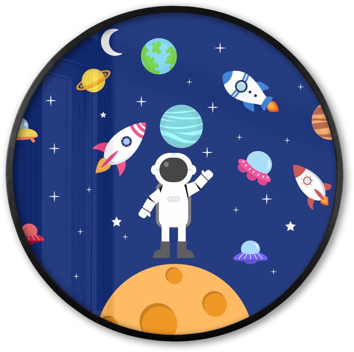 FrameYourWall Poster in lijst Rond - Fotolijst 80x80 cm - Posters - Ruimte - Astronaut - Raket - Blauw - Ronde posterlijst zwart - Decoratie - Wanddecoratie woonkamer - Muurdecoratie slaapkamer