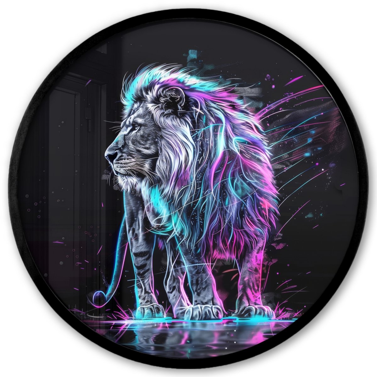 FrameYourWall Poster in lijst Rond - Fotolijst 40x40 cm - Posters - Leeuw - Kleuren - Zwart - Dieren - Ronde posterlijst zwart - Decoratie - Wanddecoratie woonkamer - Muurdecoratie slaapkamer
