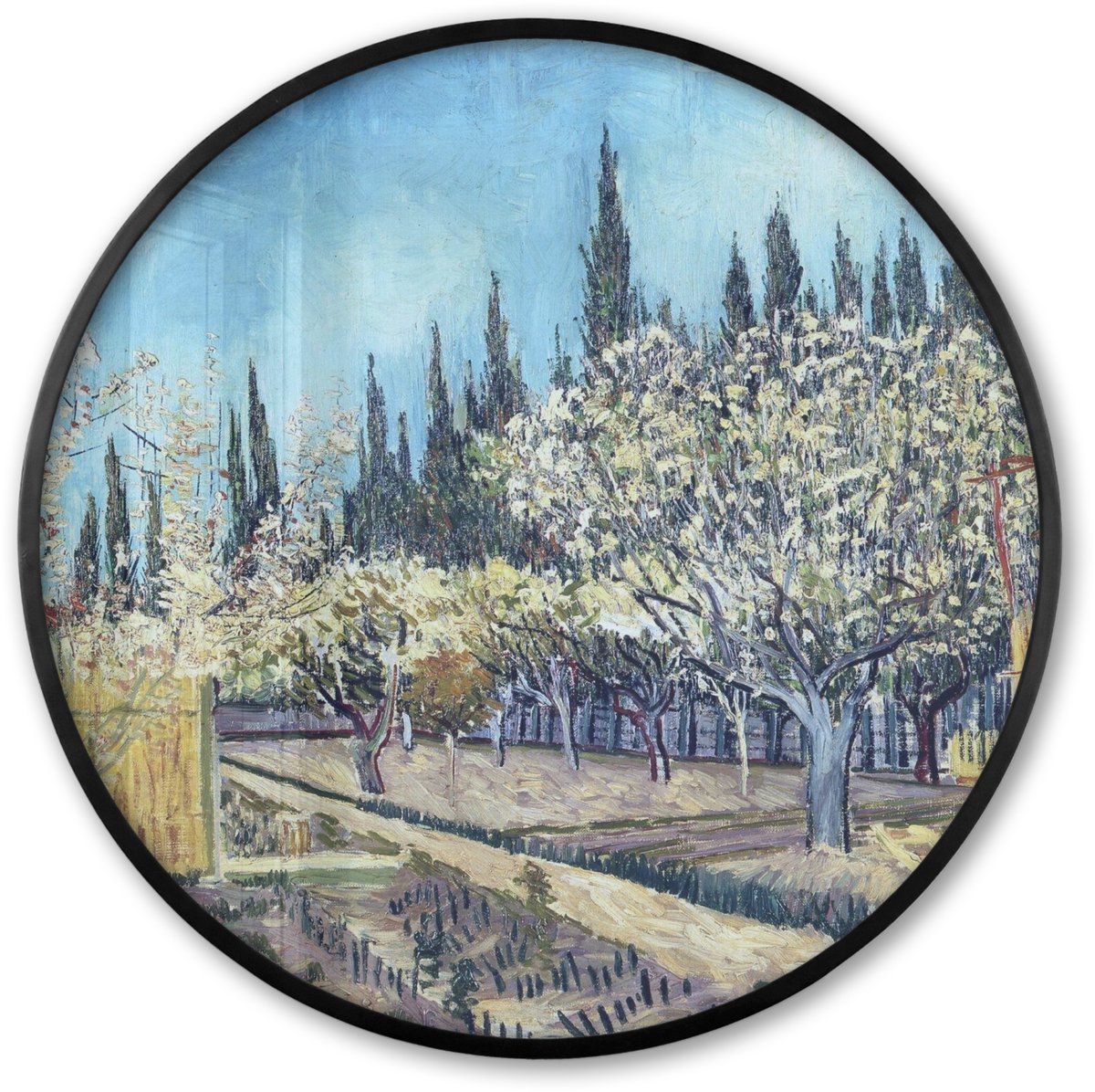 FrameYourWall Poster in lijst Rond - Fotolijst 60x60 cm - Posters - Boomgaard tegen cipressen - Vincent van Gogh - Ronde posterlijst zwart - Decoratie - Wanddecoratie woonkamer - Muurdecoratie slaapkamer Multicolor