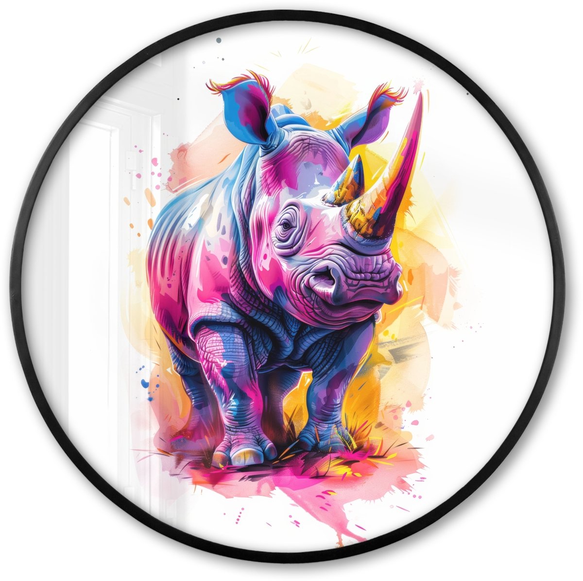 FrameYourWall Poster in lijst Rond - Fotolijst 80x80 cm - Posters - Neushoorn - Kleurrijk - Verf - Dieren - Ronde posterlijst zwart - Decoratie - Wanddecoratie woonkamer - Muurdecoratie slaapkamer