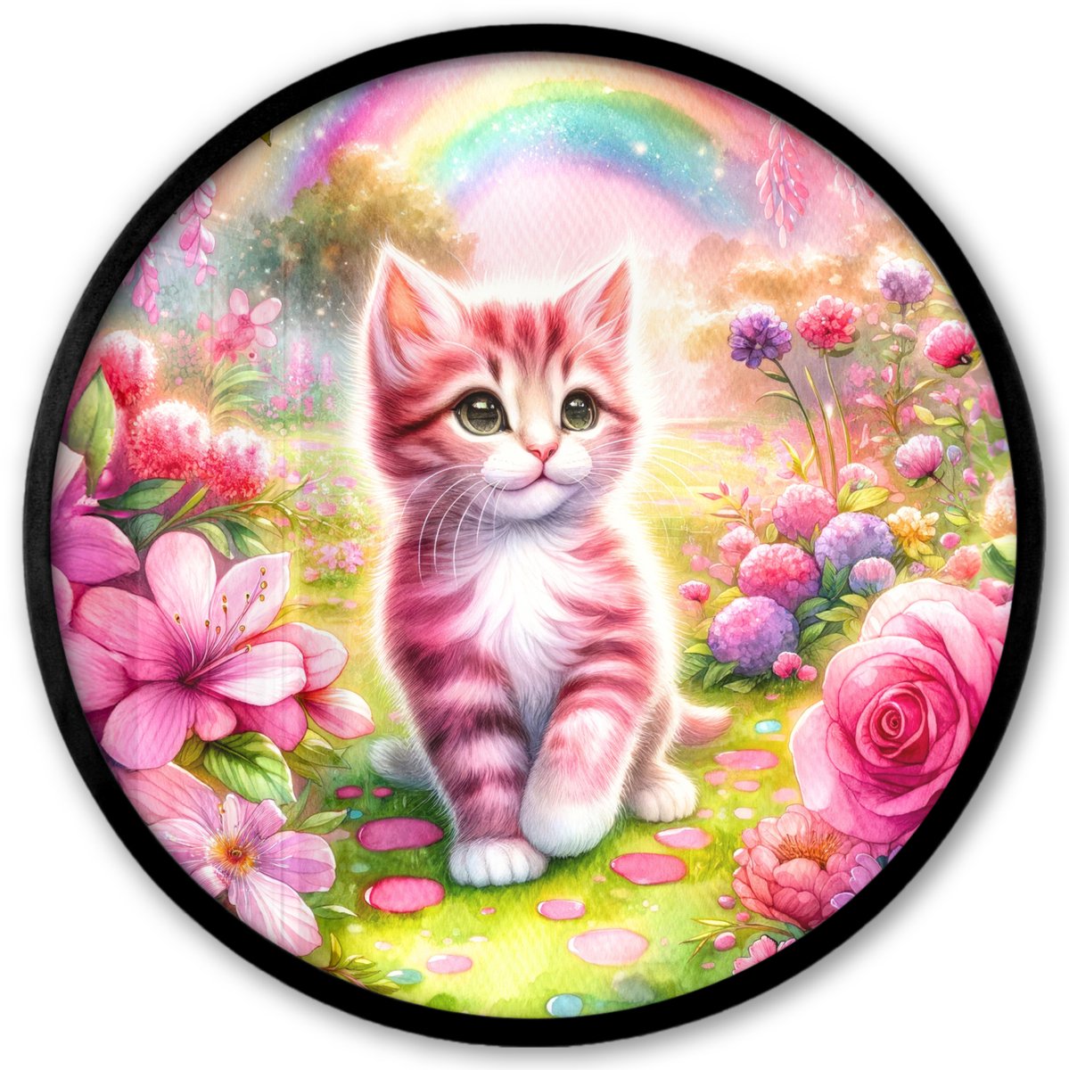 FrameYourWall Poster in lijst Rond - Fotolijst 40x40 cm - Posters - Kitten - Roze - Kat - Regenboog - Bloemen - Ronde posterlijst zwart - Decoratie - Wanddecoratie woonkamer - Muurdecoratie slaapkamer