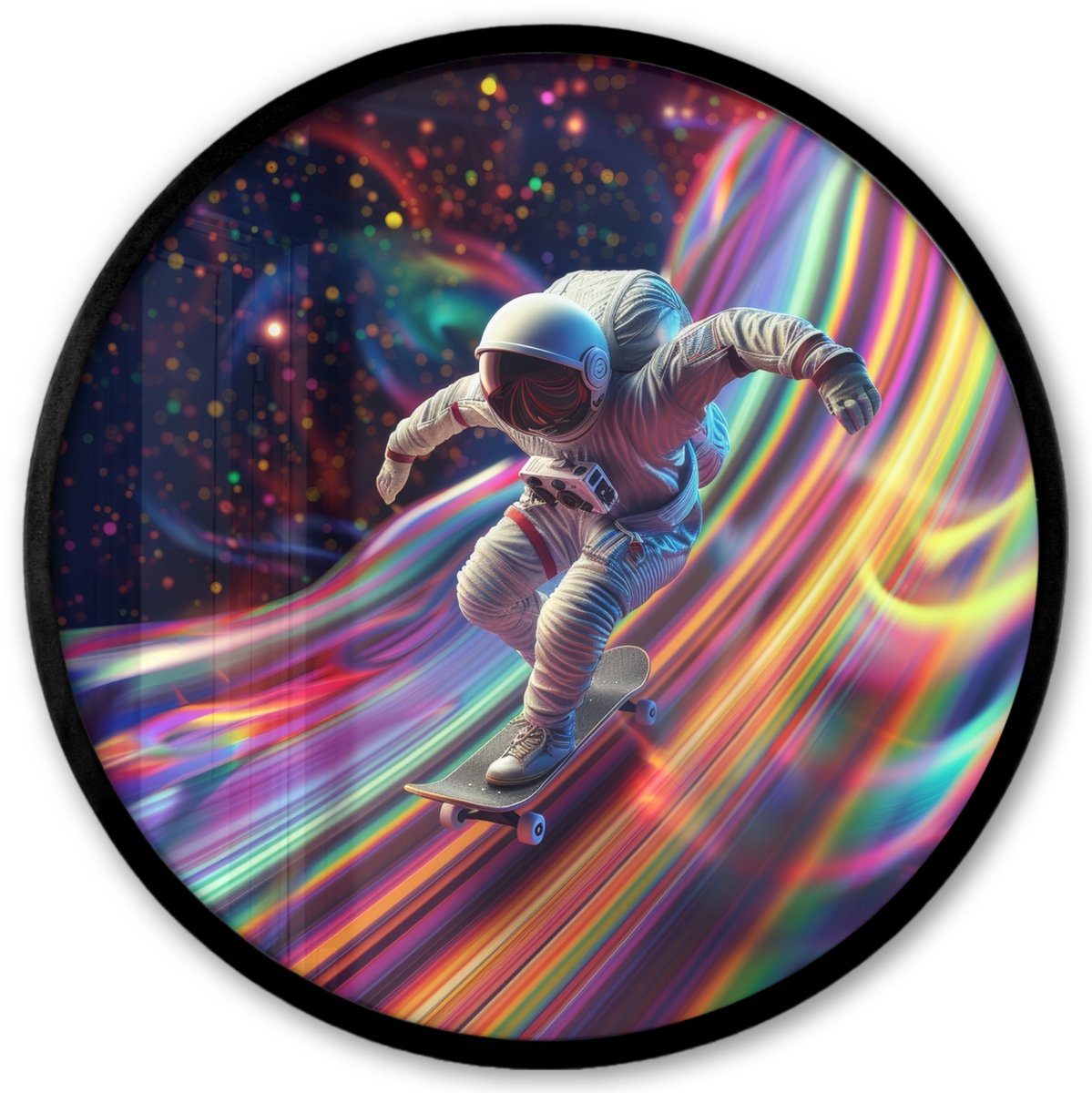 FrameYourWall Poster in lijst Rond - Fotolijst 40x40 cm - Posters - Astronaut - Ruimte - Skateboard - Kleurrijk - Ronde posterlijst zwart - Decoratie - Wanddecoratie woonkamer - Muurdecoratie slaapkamer Astronaut - Skateboarden