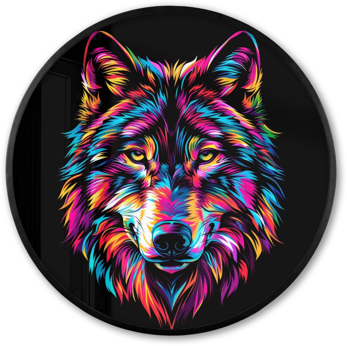 FrameYourWall Poster in lijst Rond - Fotolijst 60x60 cm - Posters - Wolf - Kleurrijk - Zwart - Dieren - Neon - Ronde posterlijst zwart - Decoratie - Wanddecoratie woonkamer - Muurdecoratie slaapkamer