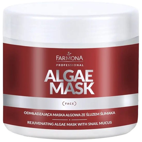 Farmona Professional Algae Mask pot met rode en witte etikettering. Tekst: REJUVENATING ALGAE MASK WITH SNAIL MUCUS.