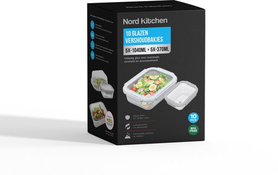 Set de Boîtes de conservation Nord Kitchen - avec couvercle vapeur en Verres - Boîtes de Prep des repas - Boîtes de congélation tout Glas - Hermétiques - 10 pièces - 1040 ml + 370 ml