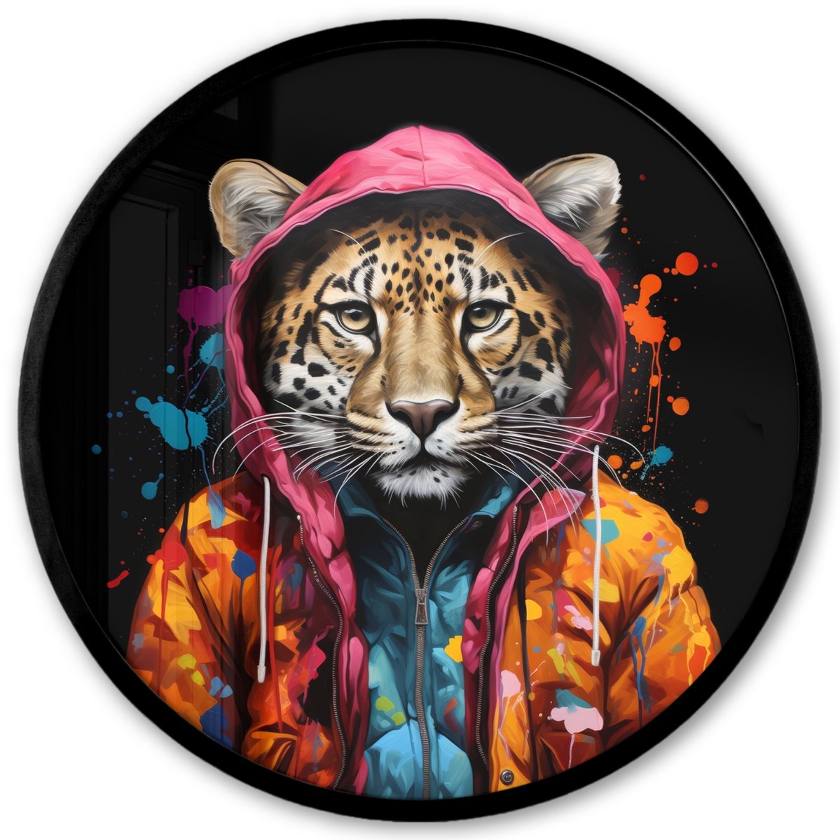 FrameYourWall Poster in lijst Rond - Fotolijst 40x40 cm - Posters - Graffiti - Luipaard - Zwart - Jas - Ronde posterlijst zwart - Decoratie - Wanddecoratie woonkamer - Muurdecoratie slaapkamer