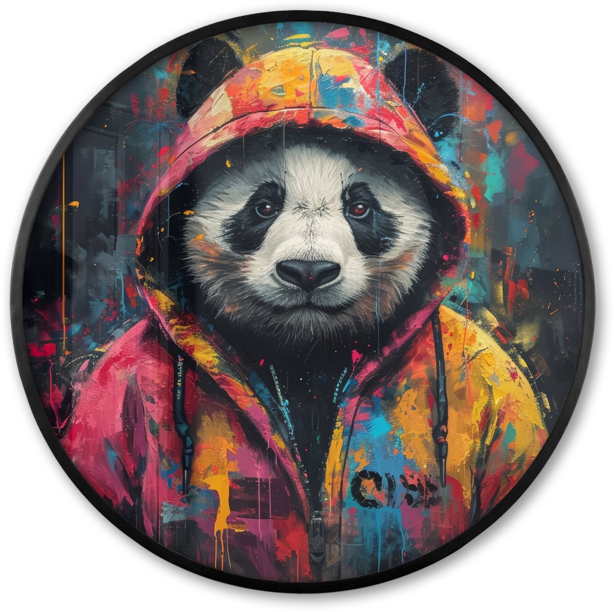 FrameYourWall Poster in lijst Rond - Fotolijst 80x80 cm - Posters - Graffiti - Panda - Jas - Kleurrijk - Street art - Ronde posterlijst zwart - Decoratie - Wanddecoratie woonkamer - Muurdecoratie slaapkamer