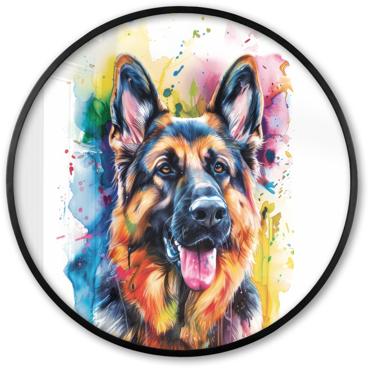 FrameYourWall Poster in lijst Rond - Fotolijst 60x60 cm - Posters - Hond - Verf - Dieren - Kleurrijk - Duitse Herder - Ronde posterlijst zwart - Decoratie - Wanddecoratie woonkamer - Muurdecoratie slaapkamer Duitse Herder - Kleurrijk