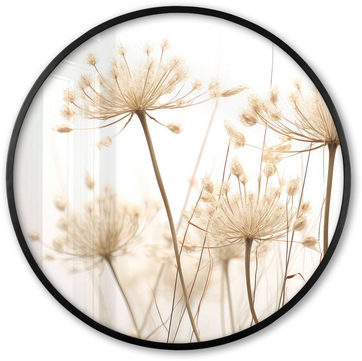 FrameYourWall Poster in lijst Rond - Fotolijst 80x80 cm - Posters - Bloemen - Wit - Zonlicht - Ronde posterlijst zwart - Decoratie - Wanddecoratie woonkamer - Muurdecoratie slaapkamer Droogbloemen