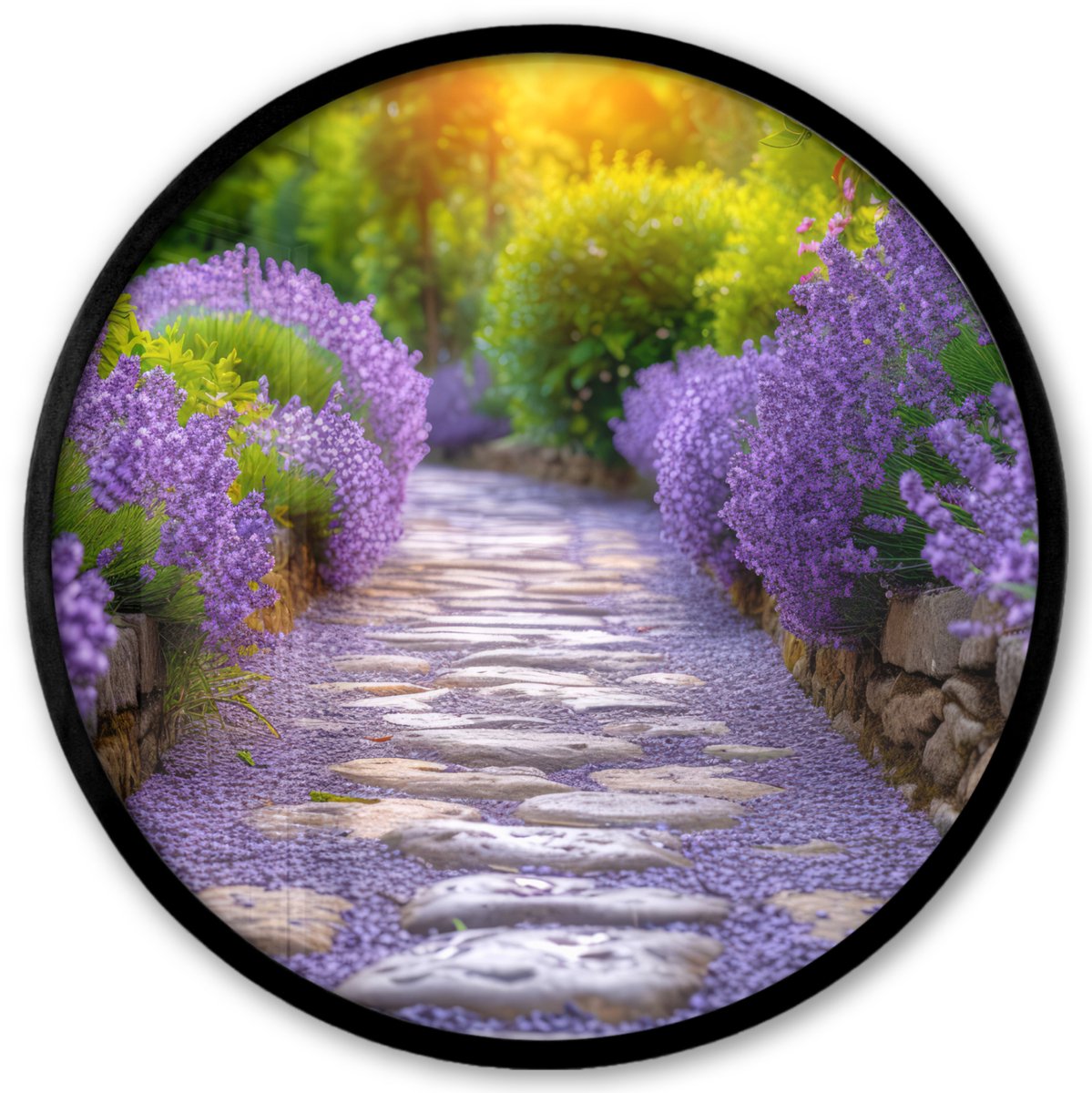 FrameYourWall Poster in lijst Rond - Fotolijst 40x40 cm - Posters - Bloemen - Pad - lavendel - Tuin - Ronde posterlijst zwart - Decoratie - Wanddecoratie woonkamer - Muurdecoratie slaapkamer Lavendel - Pad