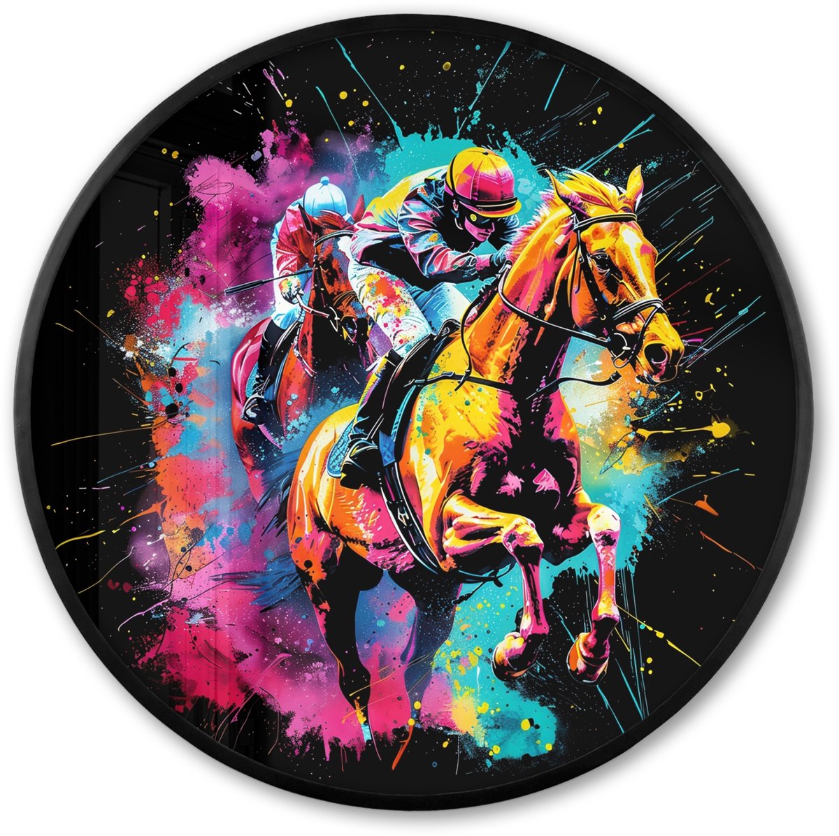 FrameYourWall Poster in lijst Rond - Fotolijst 60x60 cm - Posters - Graffiti - Sport - Paard rensport - Paardrijden - Ronde posterlijst zwart - Decoratie - Wanddecoratie woonkamer - Muurdecoratie slaapkamer