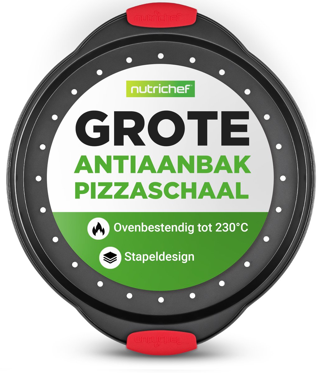 NutriChef Ronde Pizzaplaat – Koolstofstalen Bakpan met Perforaties – Anti-aanbak & Vaatwasserbestendig – Met Siliconen Handgrepen