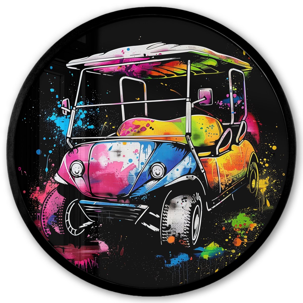 FrameYourWall Poster in lijst Rond - Fotolijst 40x40 cm - Posters - Graffiti - Sport - Golf - Golfkar - Ronde posterlijst zwart - Decoratie - Wanddecoratie woonkamer - Muurdecoratie slaapkamer