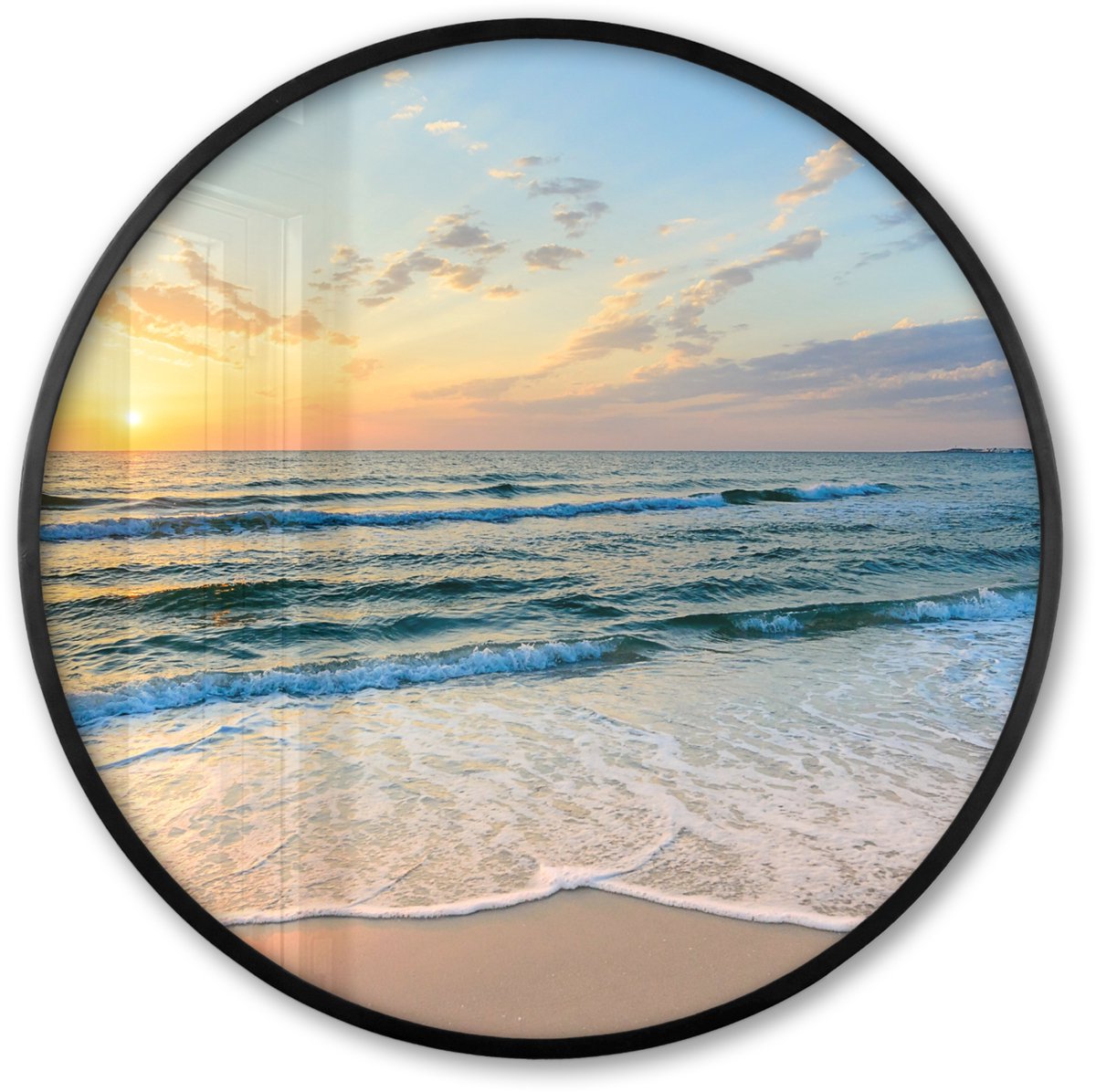 FrameYourWall Poster in lijst Rond - Fotolijst 60x60 cm - Posters - Strand - Zee - Zonsondergang - Golf - Ronde posterlijst zwart - Decoratie - Wanddecoratie woonkamer - Muurdecoratie slaapkamer