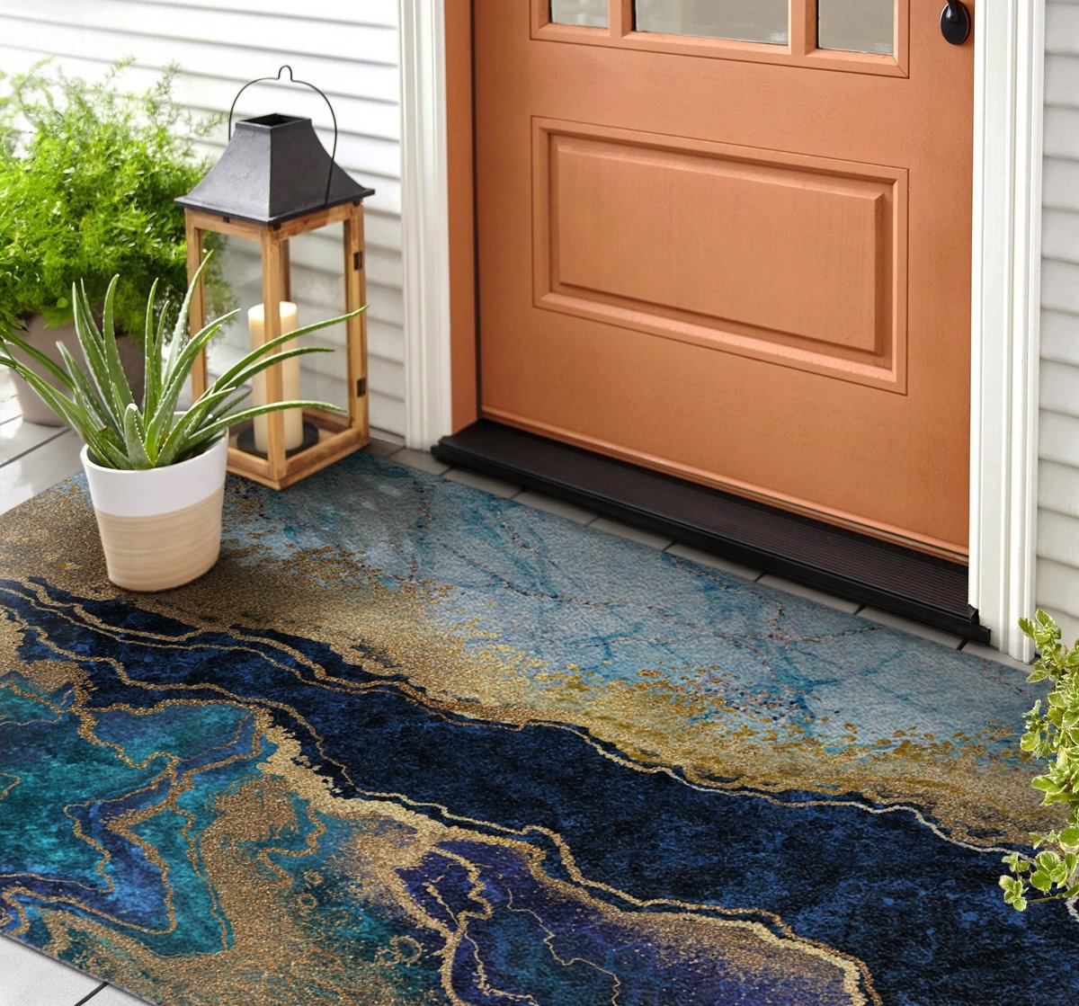 Coloray Buiten Deurmat - Blauw Polyamide Deurmat - Blauwe Marmer Deurmat Met Rubber Onderkant - Stijlvolle Buitenruimte - Winter Deurmat Buiten - Grote Buiten Deurmat Voor Voordeur - 150x100 cm Blauw - Blauwe Marmer